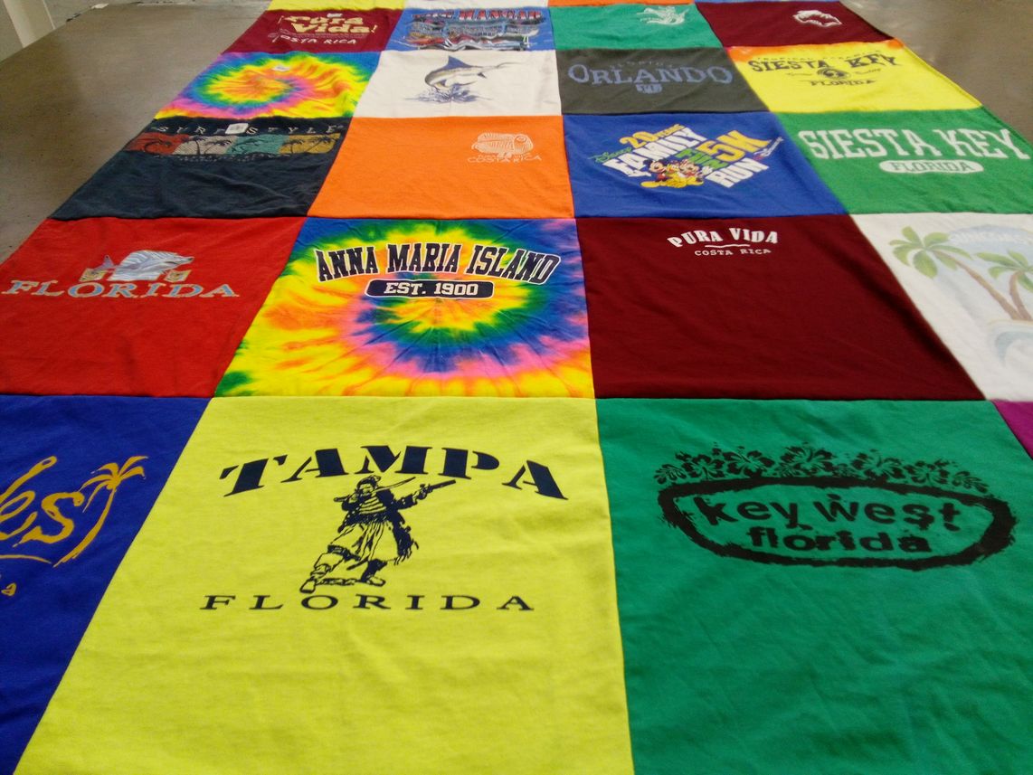 T-shirt quilt with beach, travel themes by Marsha from FL