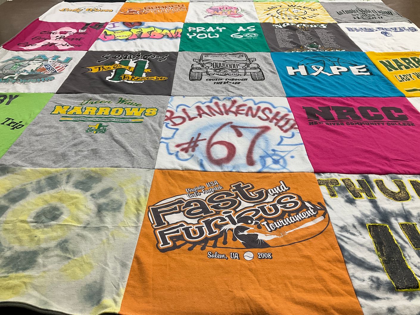 T-shirt quilt featuring green wave narrows by Christina from VA