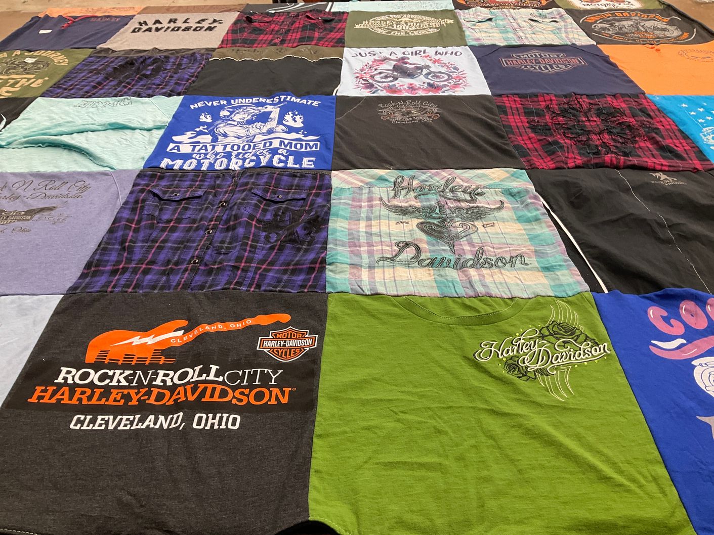 T-shirt quilt with motorcycles, tattoos themes by Patricia from OH