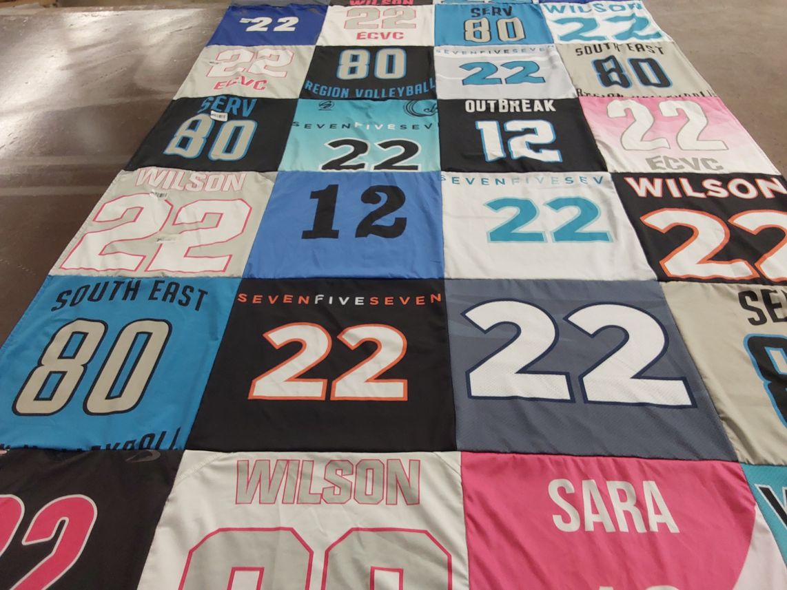 T-shirt quilt with volleyball themes by Barbara from VA