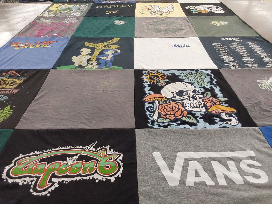 T-shirt quilt with skateboarding, music themes by Bryce from AZ