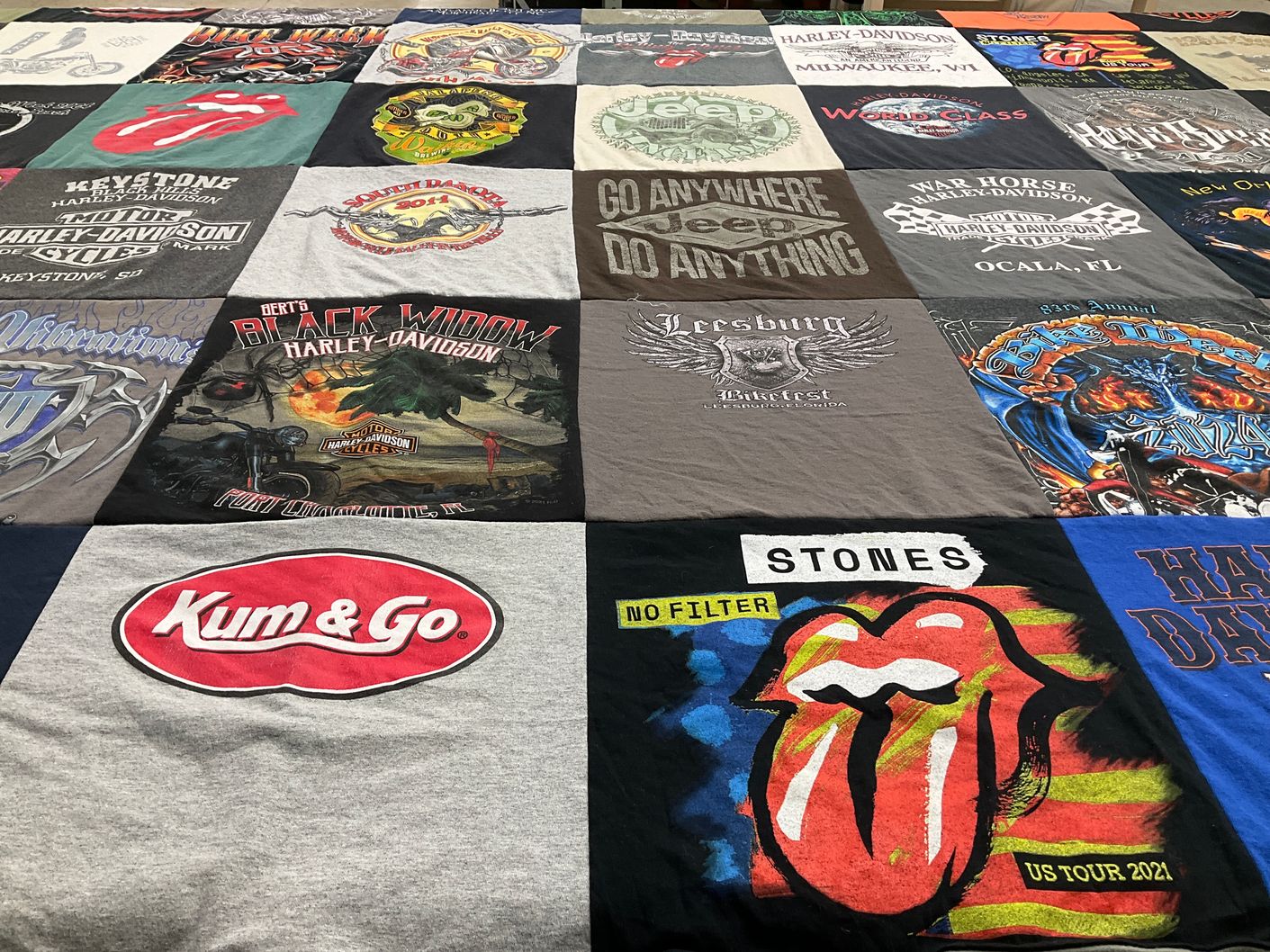 T-shirt quilt with motorcycles, music themes by John from NY