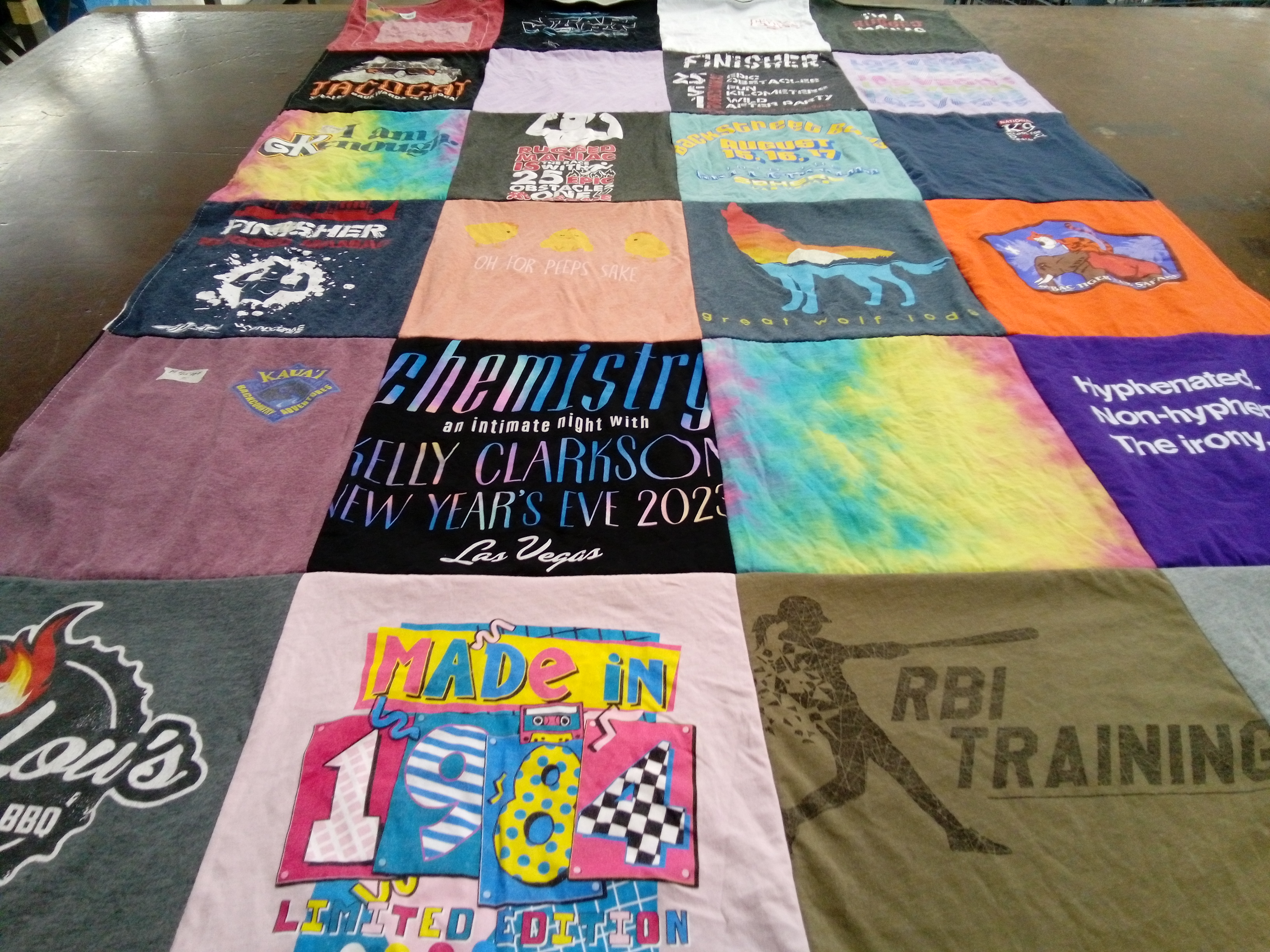 T-shirt quilt with music, comedy themes by Elise from CA