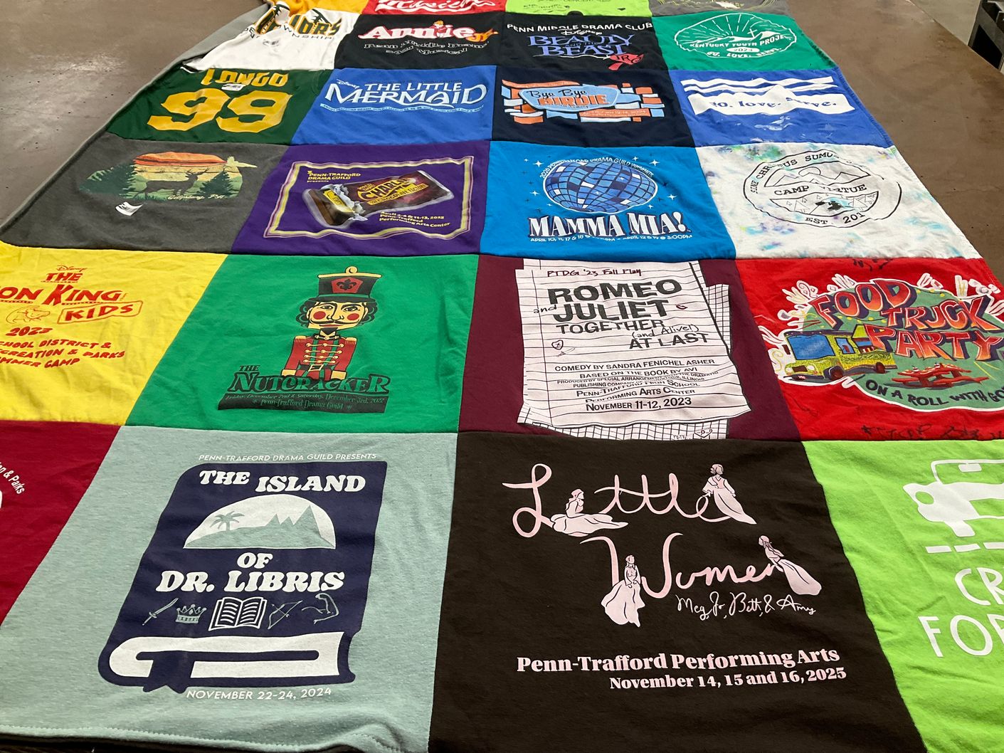T-shirt quilt with theater, performing arts themes by Karen from PA