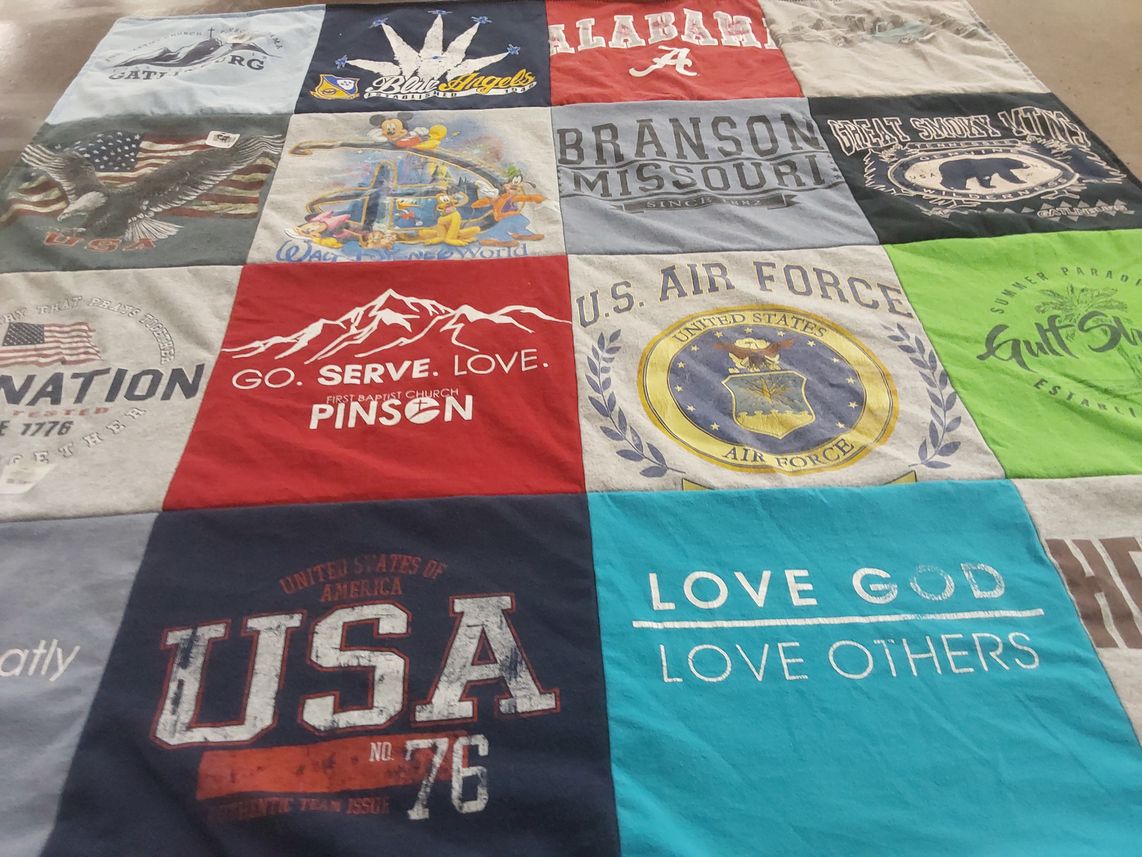 T-shirt quilt with travel, patriotism themes by Ruth from AL