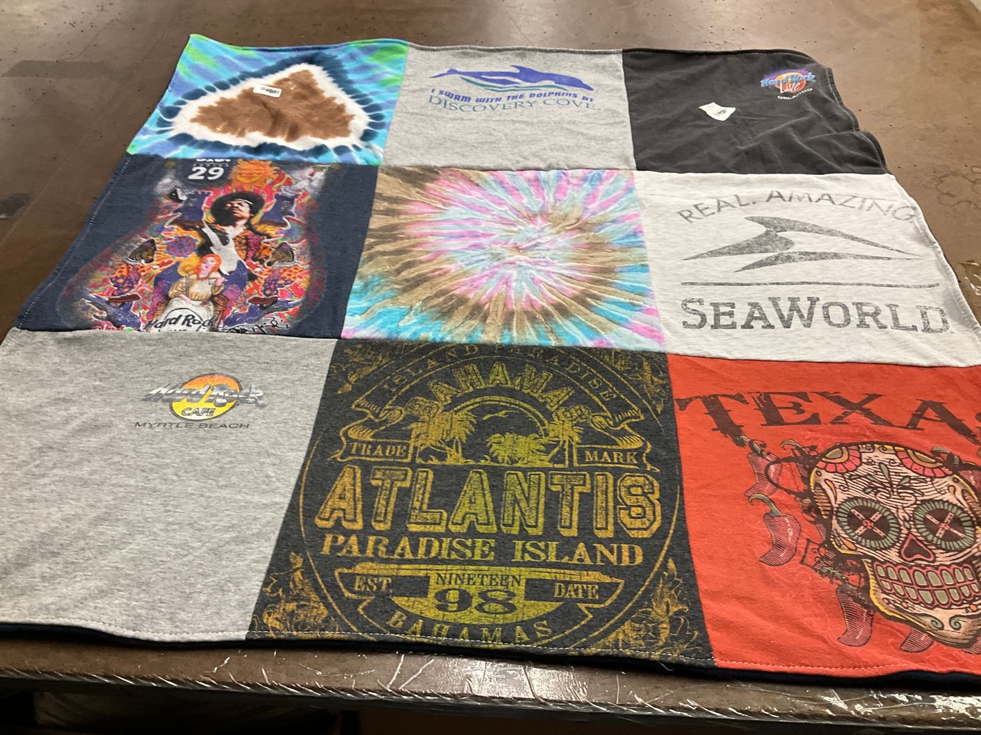 T-shirt quilt with amusement parks, travel themes by Lorraine from MA