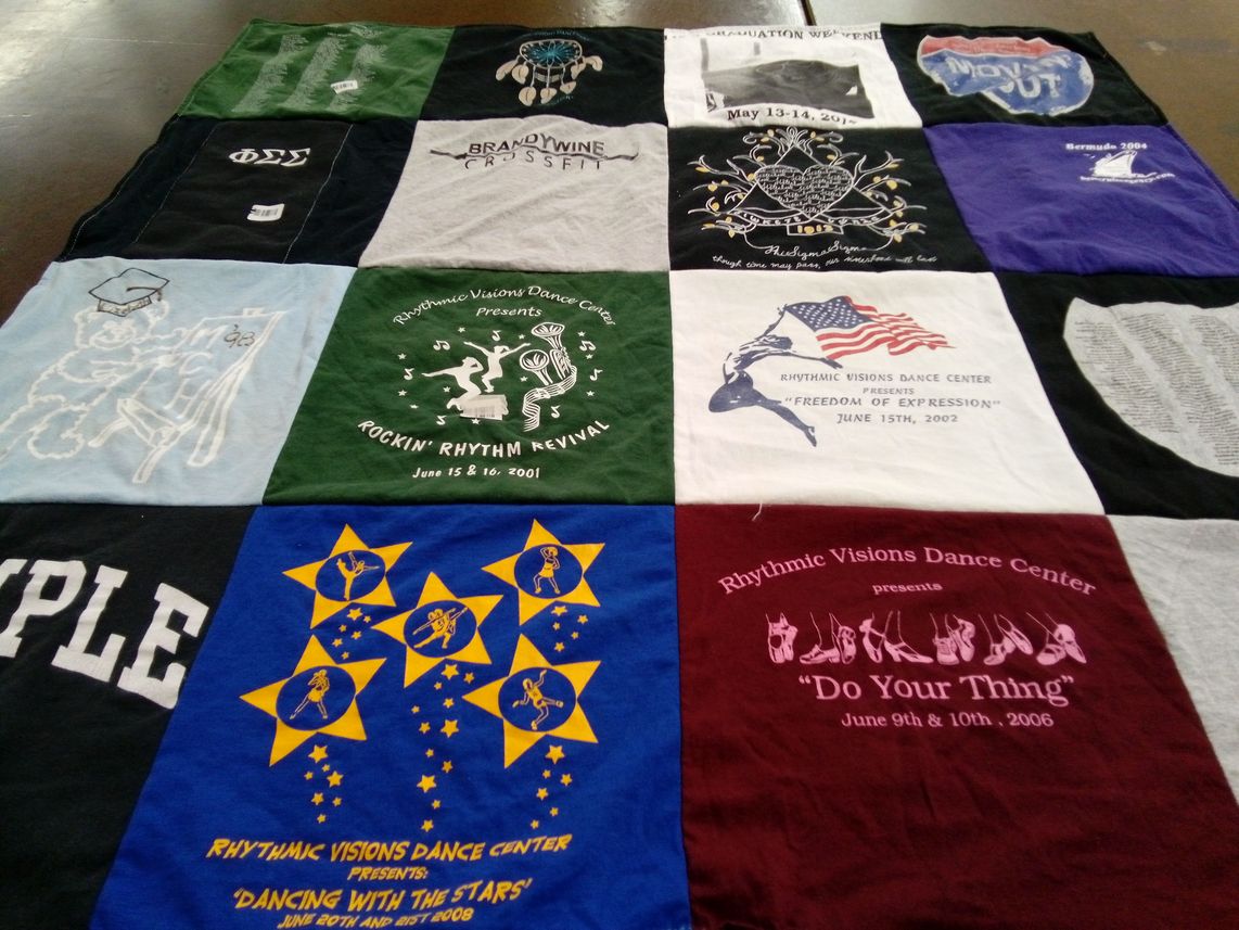 T-shirt quilt with dance, fitness themes by Deborah from FL