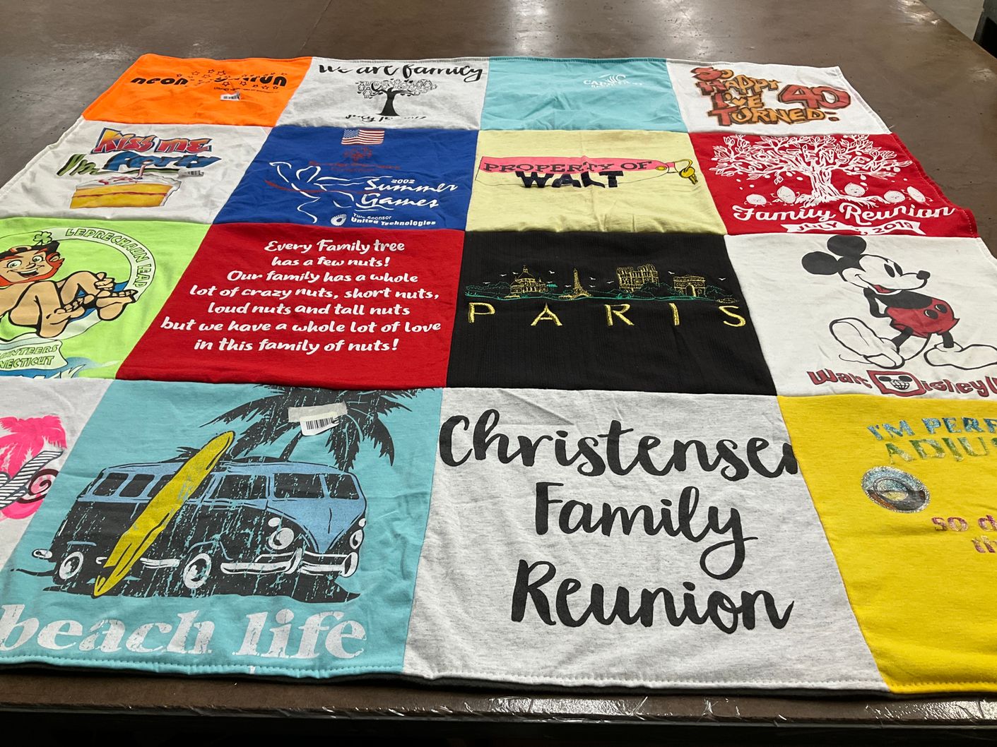 T-shirt quilt with family gatherings, travel themes by Elaine from CT