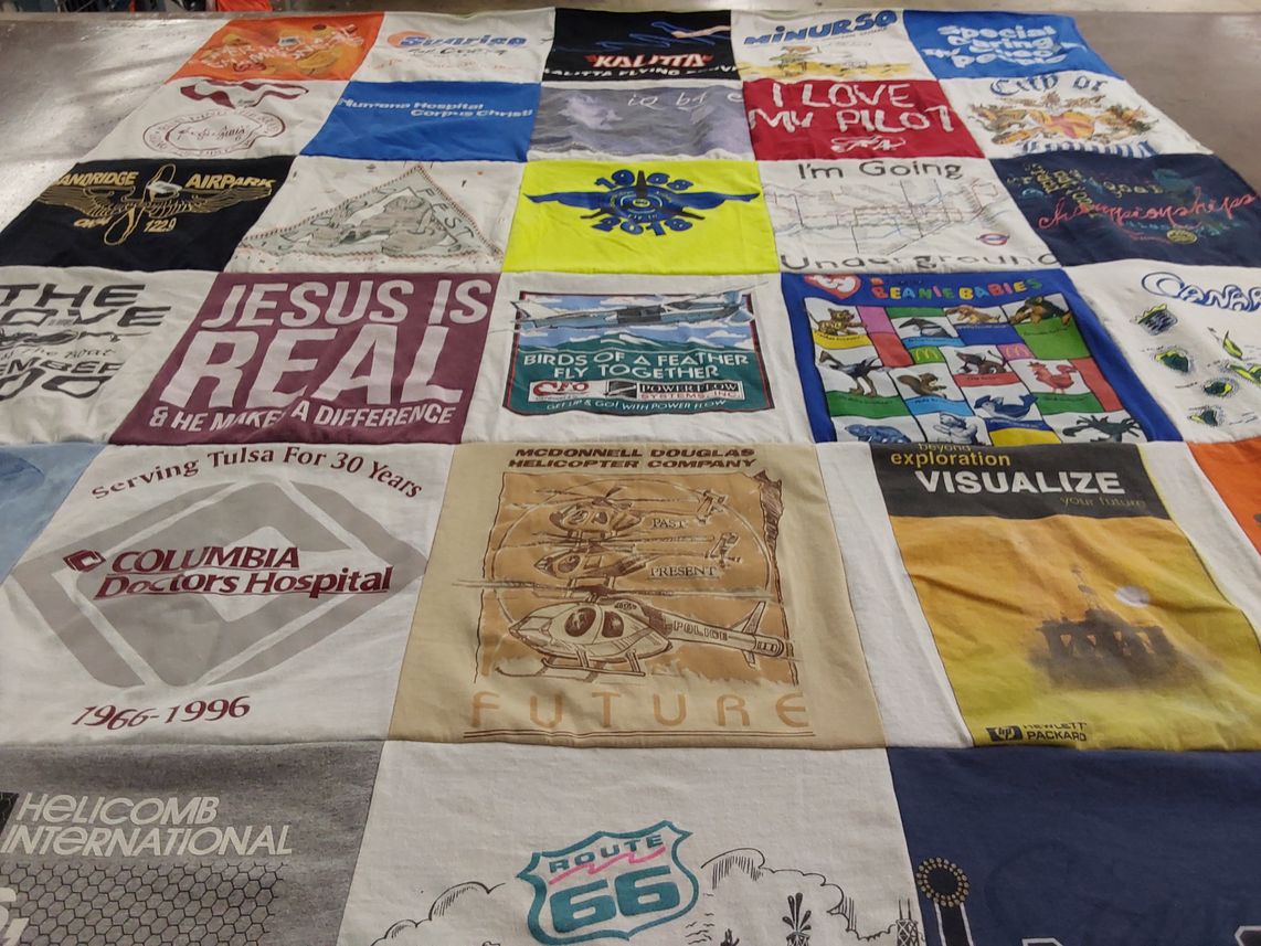T-shirt quilt with aviation, helicopters themes by Athena from OK
