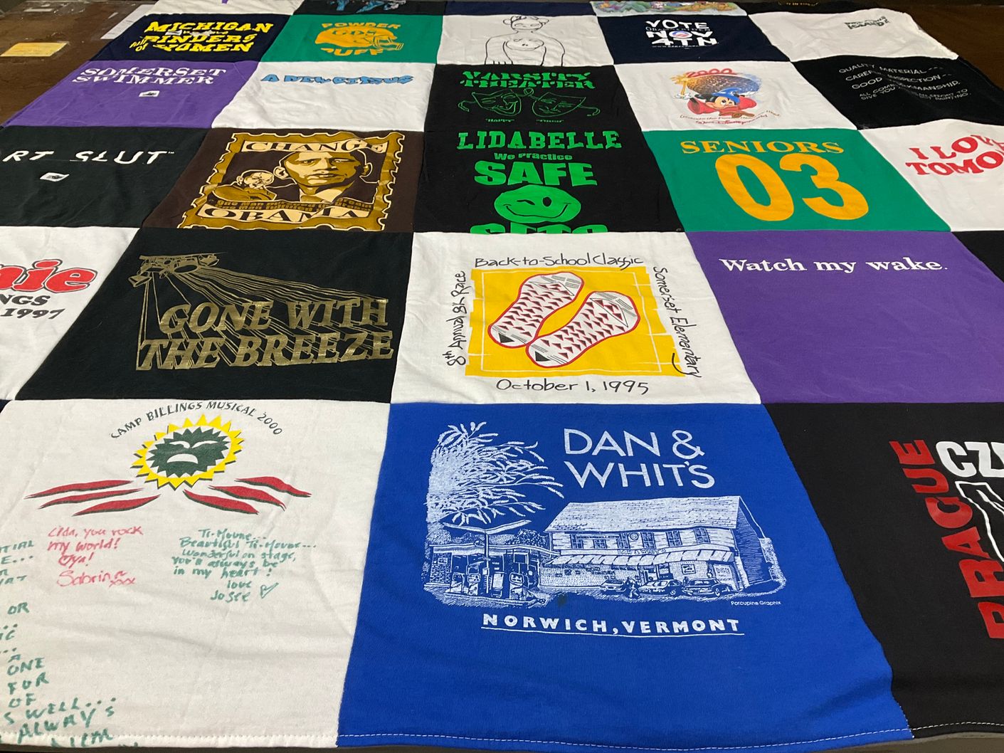 T-shirt quilt with theater, education themes by Lida from DC