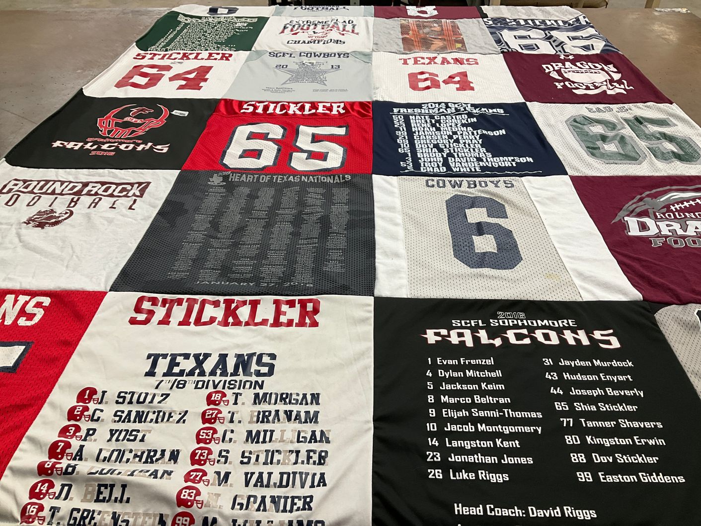 T-shirt quilt featuring scfl texans, scfl falcons by Jaime from TX
