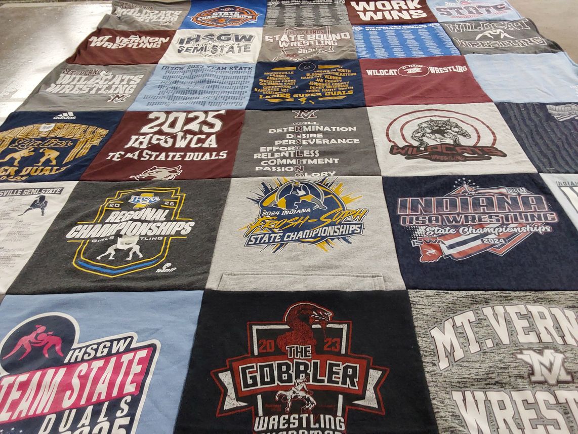 T-shirt quilt featuring wildcat wrestling by Leah from IN