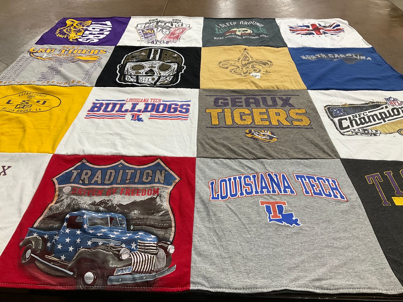 T-shirt quilt featuring louisiana tech bulldogs, lsu tigers by Helen from MS