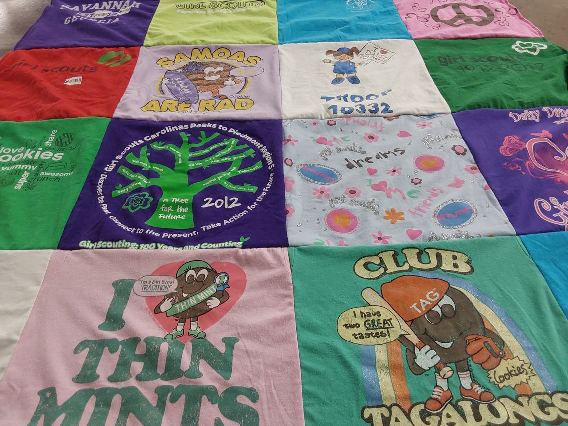 T-shirt quilt with girl scouting, cookies themes by Sharon from NC