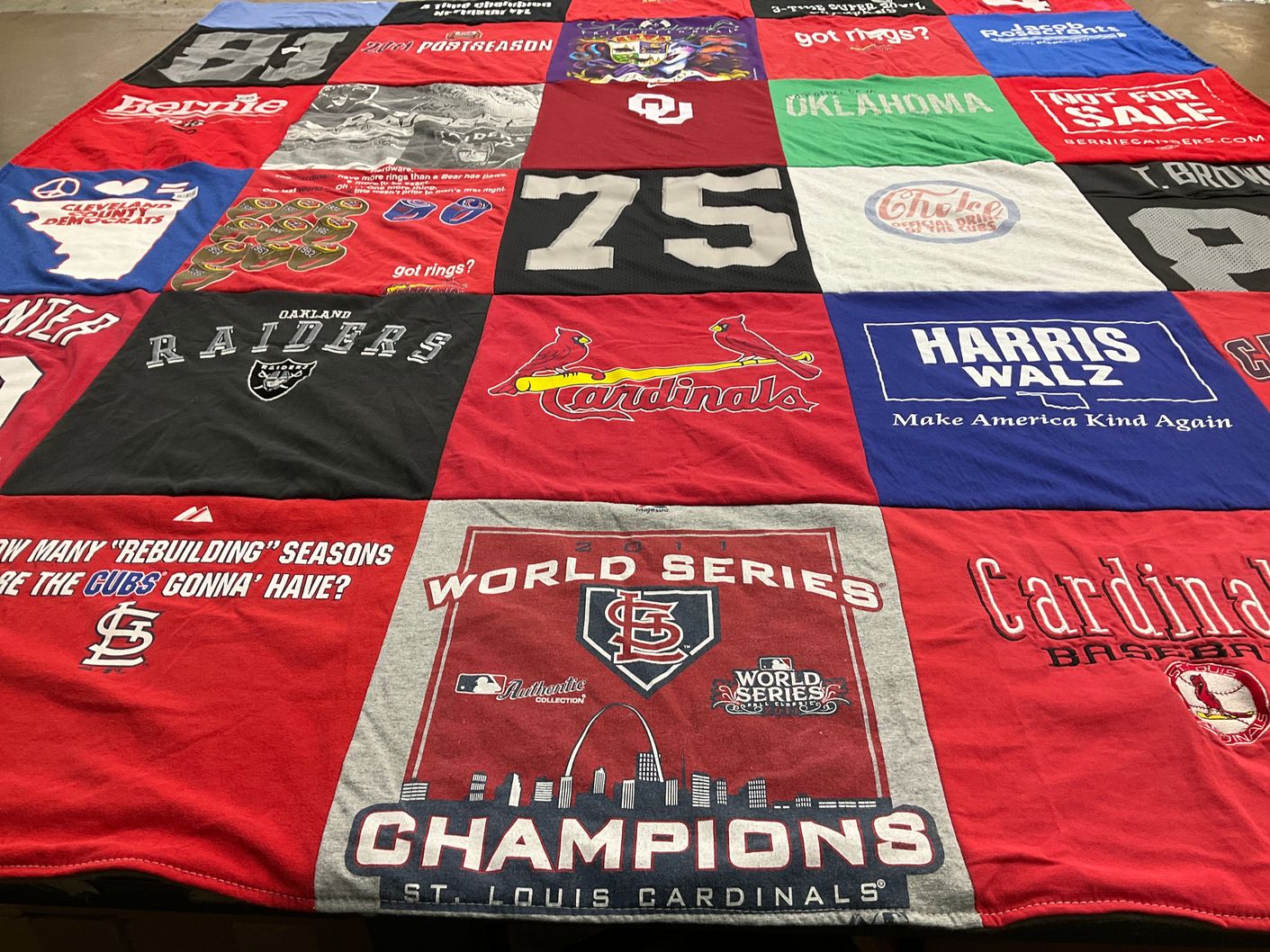 T-shirt quilt featuring st. louis cardinals baseball, oakland raiders football by Richard from OK