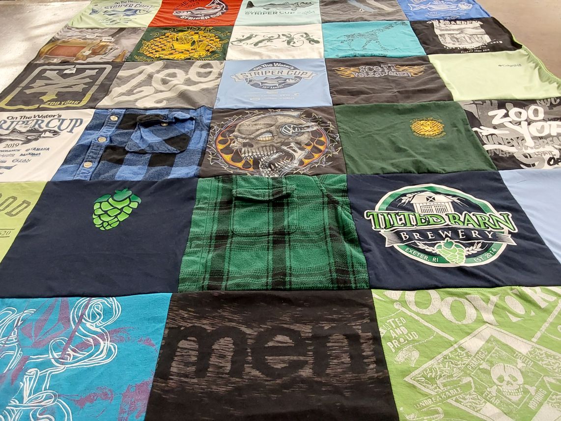 T-shirt quilt with fishing, brewing themes by Elaine from RI