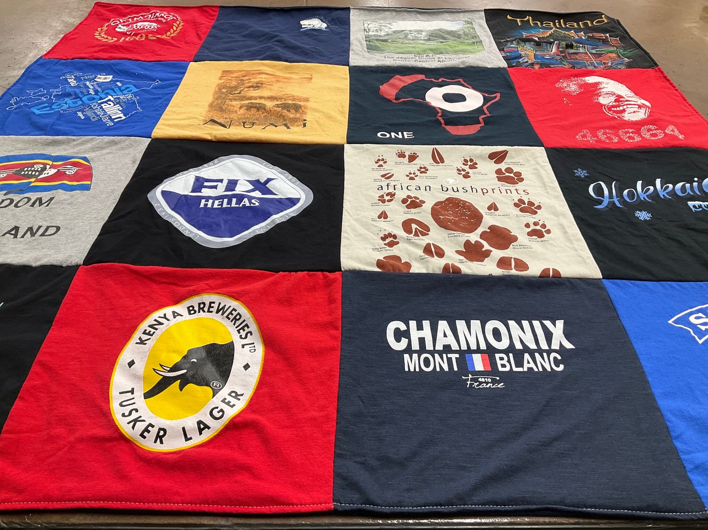 T-shirt quilt with travel, beverages themes by Victor from VA