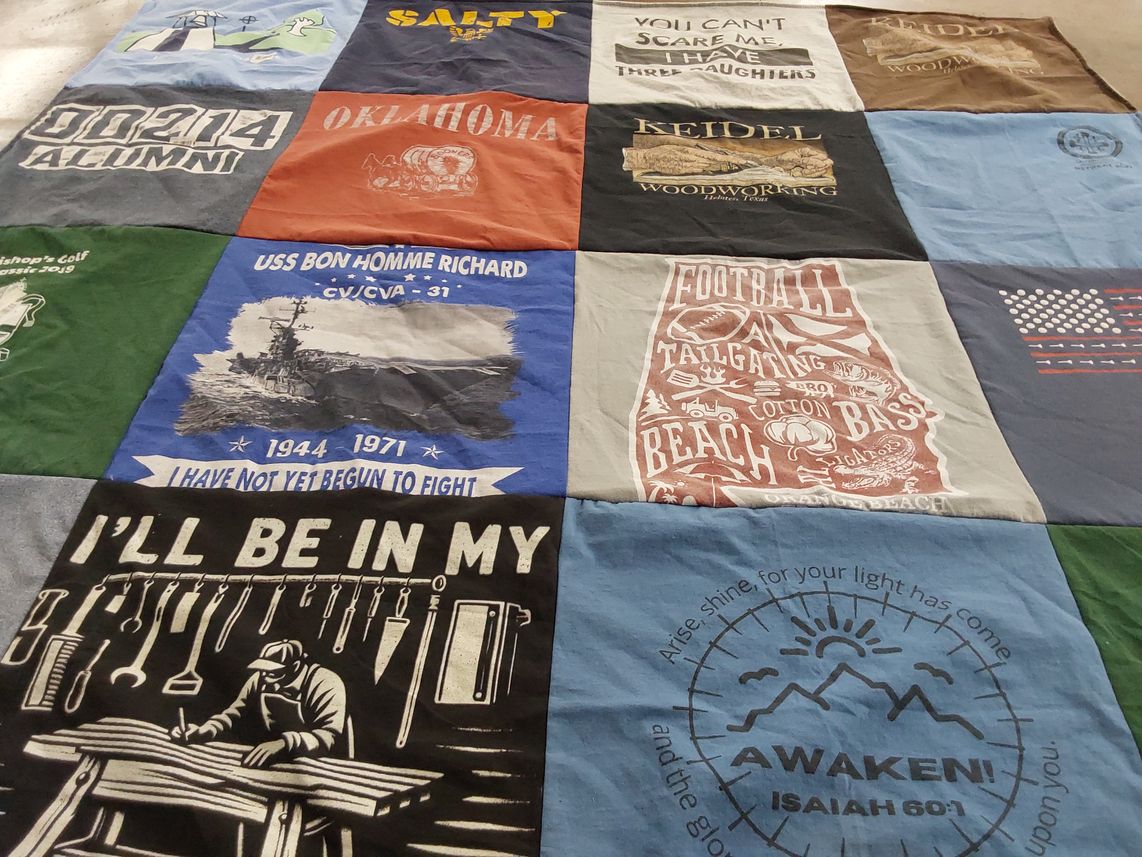 T-shirt quilt with woodworking, military themes by Lorraine from TX