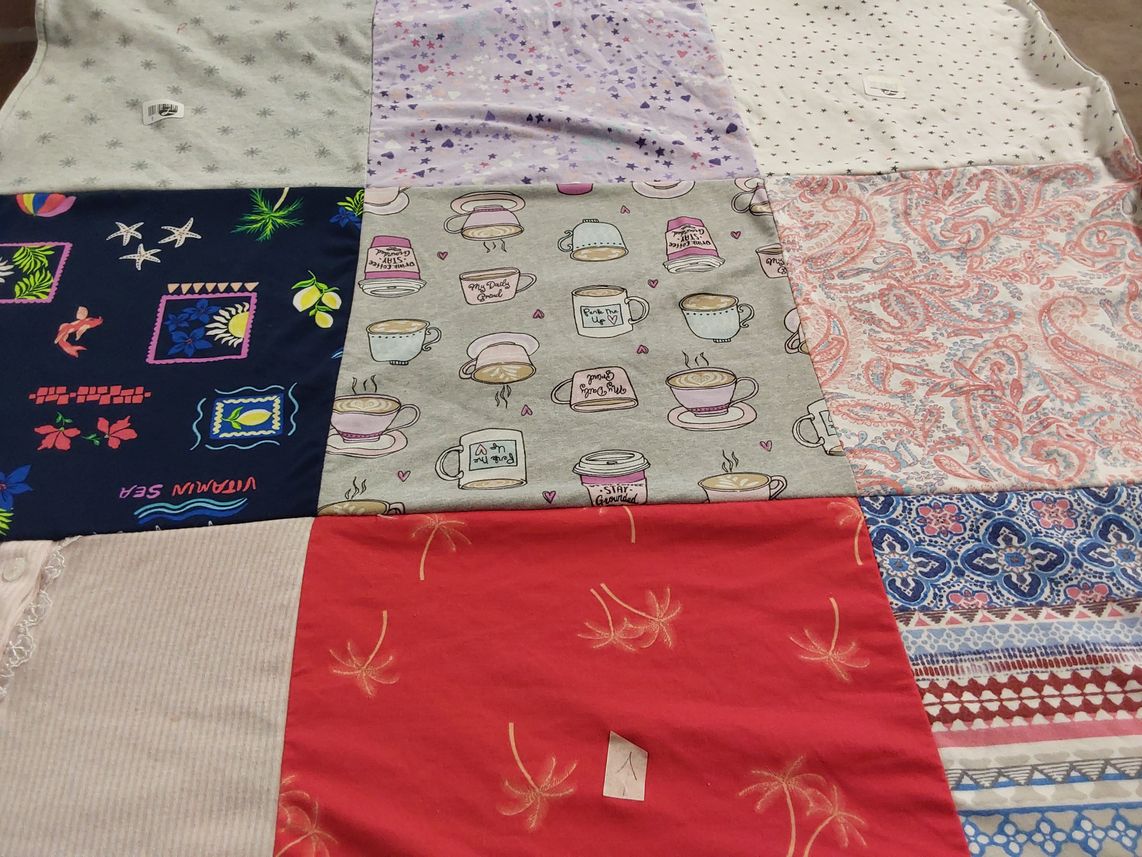 T-shirt quilt with coffee, floral design themes by Michelle from WA