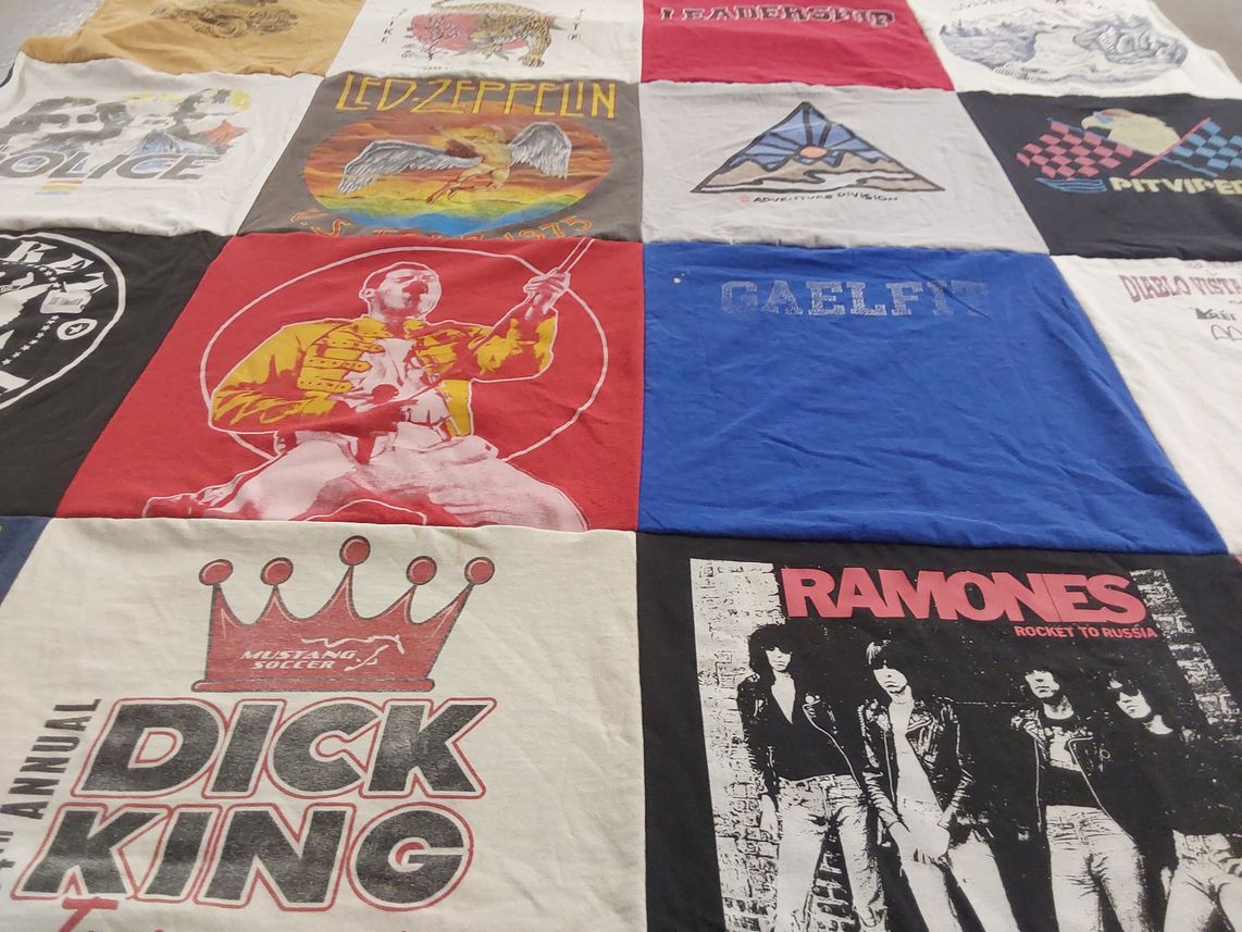 T-shirt quilt with music, rock themes by MARCELA from CA