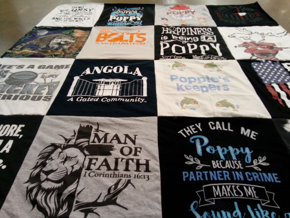 T-shirt quilt with swimming, hockey themes by CAROL from LA