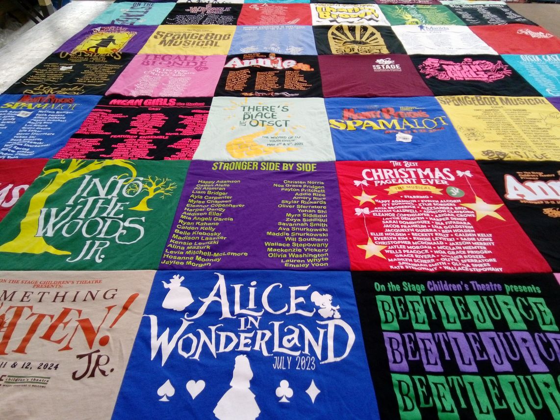 T-shirt quilt with theatre, musical theatre themes by Karen from GA