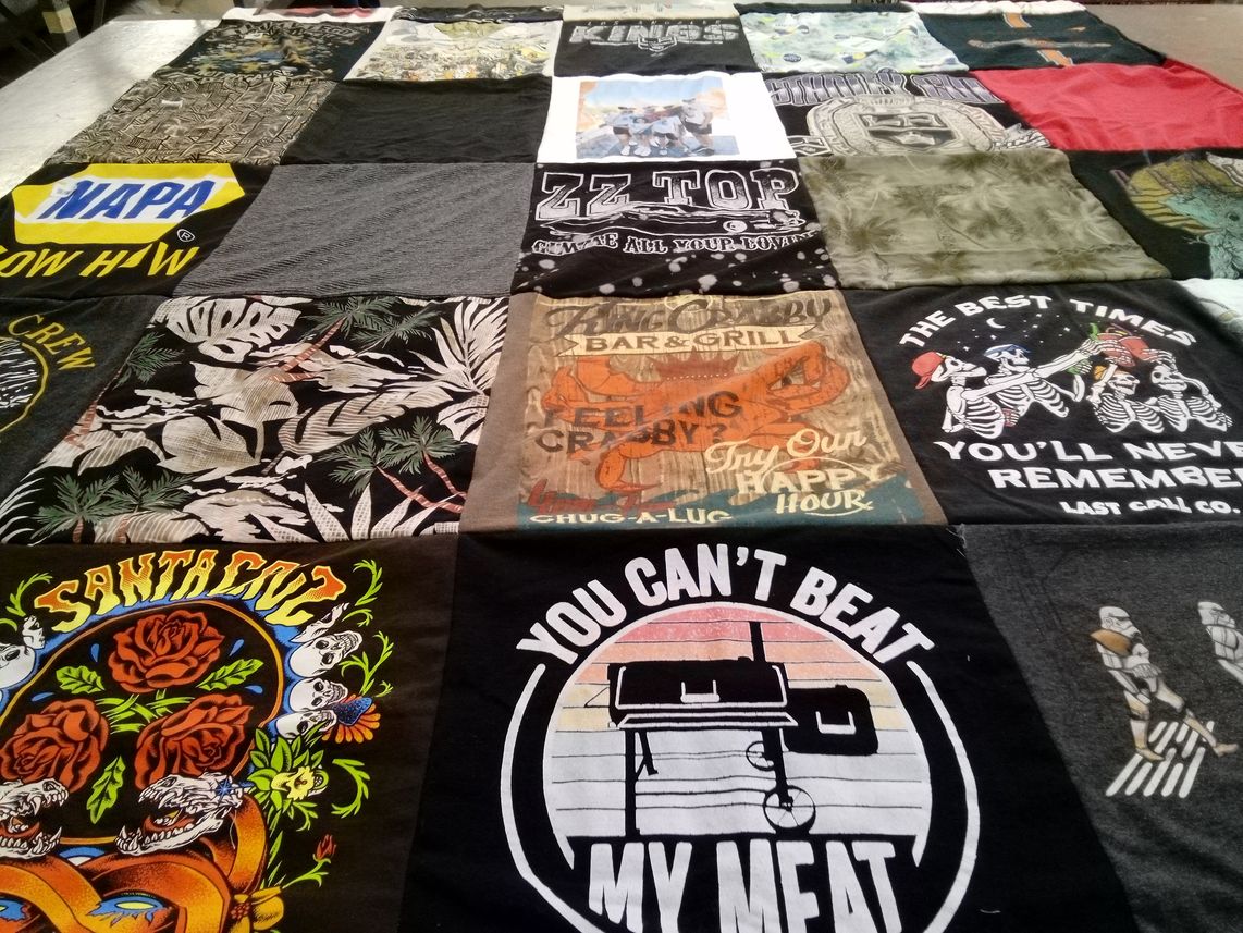 T-shirt quilt with cooking, music themes by Catherine from CA