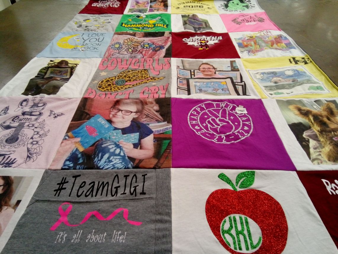 T-shirt quilt with reading, art themes by becky from SC