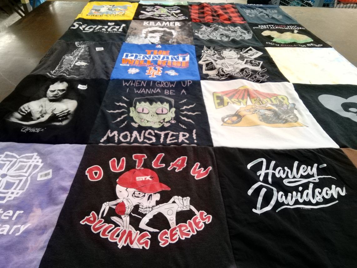 T-shirt quilt with motorcycles, monsters themes by sarah from NY