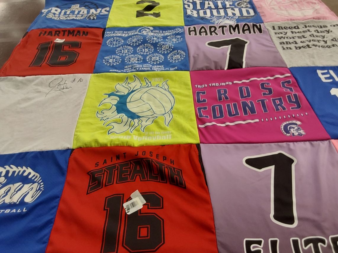 T-shirt quilt featuring troy trojans, saint joseph stealth by Amy from KS