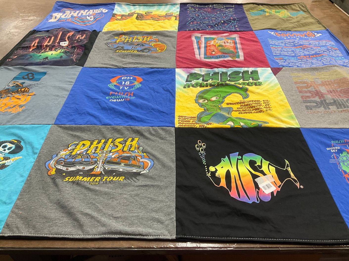 T-shirt quilt with music, concerts themes by Laurie from OR