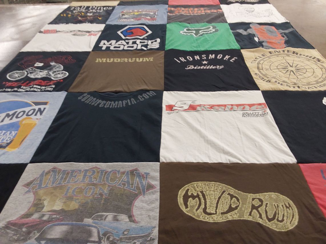 T-shirt quilt with motorcycling, distilleries themes by LISA from NY