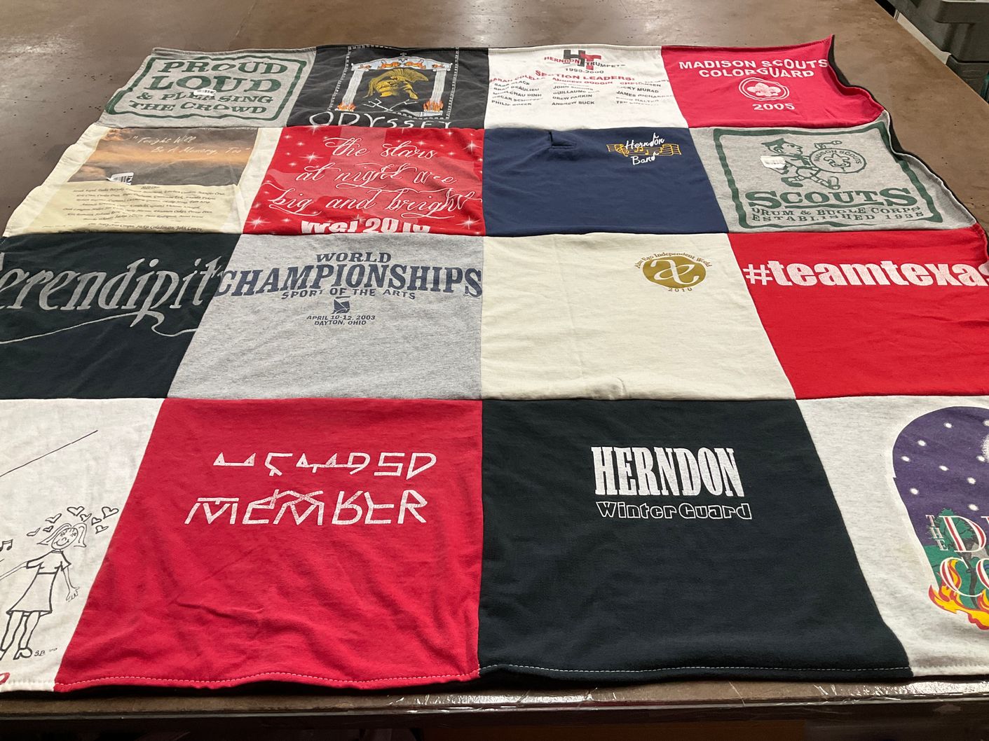 T-shirt quilt with drum corps, winter guard themes by Erin from MI