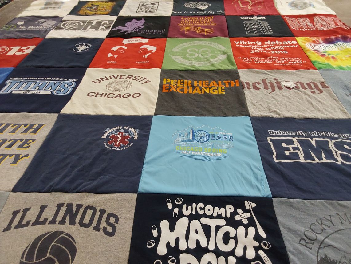 T-shirt quilt from illinois mathematics and science academy, university of chicago by Grace from OH