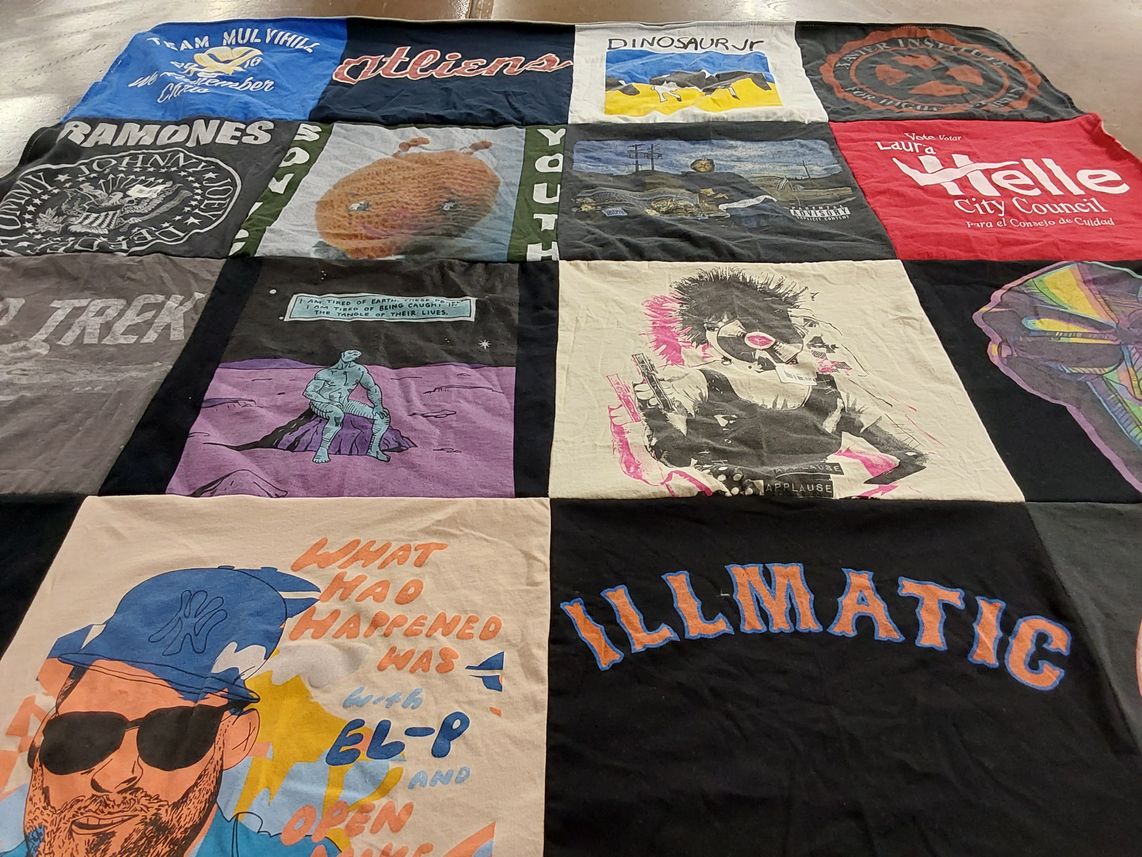 T-shirt quilt with music, comics themes by Walter from MN
