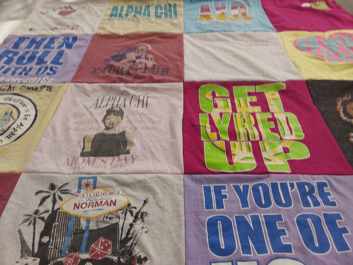 T-shirt quilt with fraternities, sororities themes by Deborah from TX