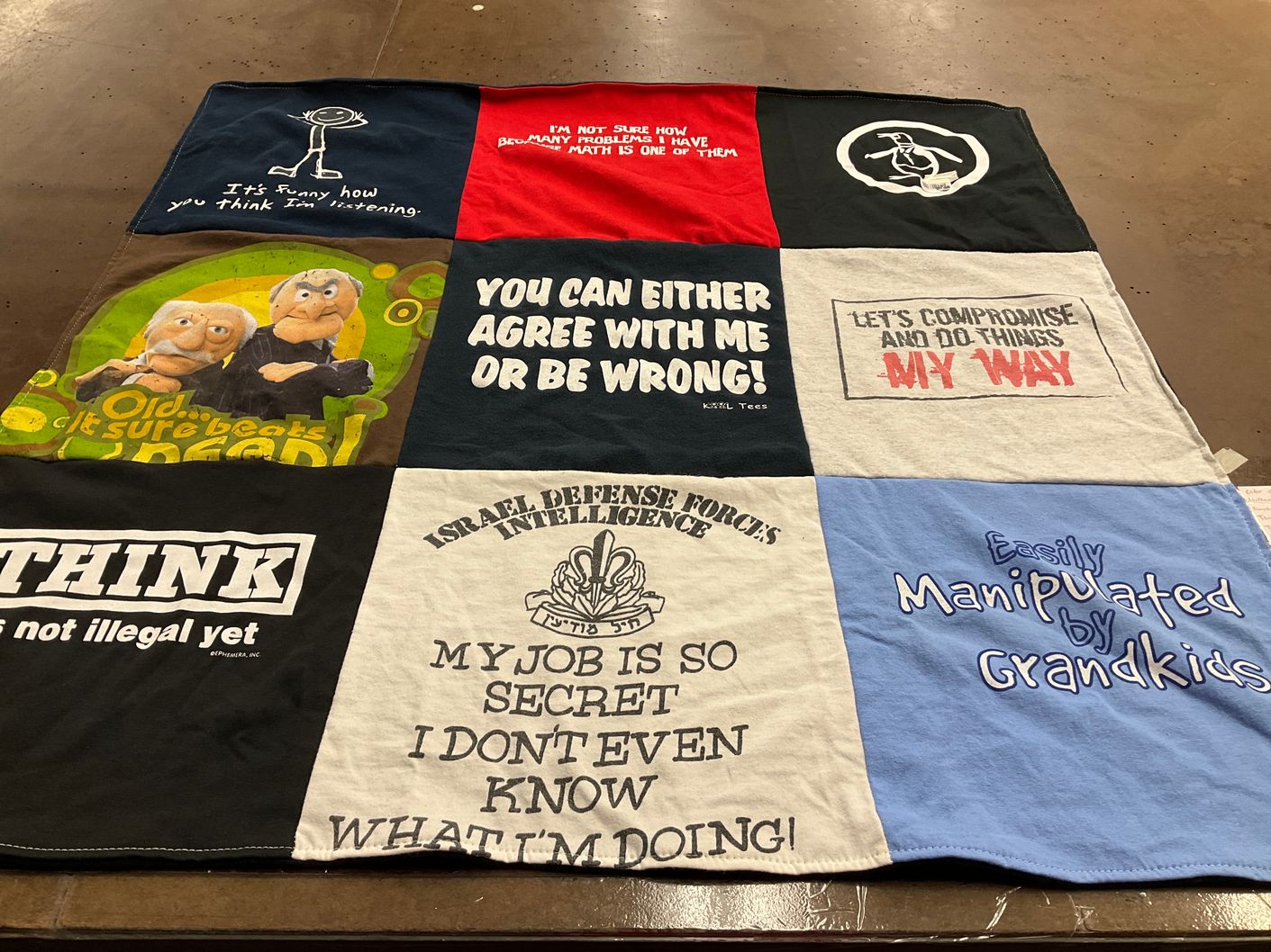 T-shirt quilt with humor, intelligence themes by Sherrie from FL