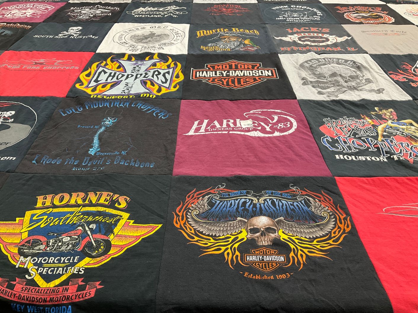 T-shirt quilt with motorcycles, biking themes by Leticia from OH