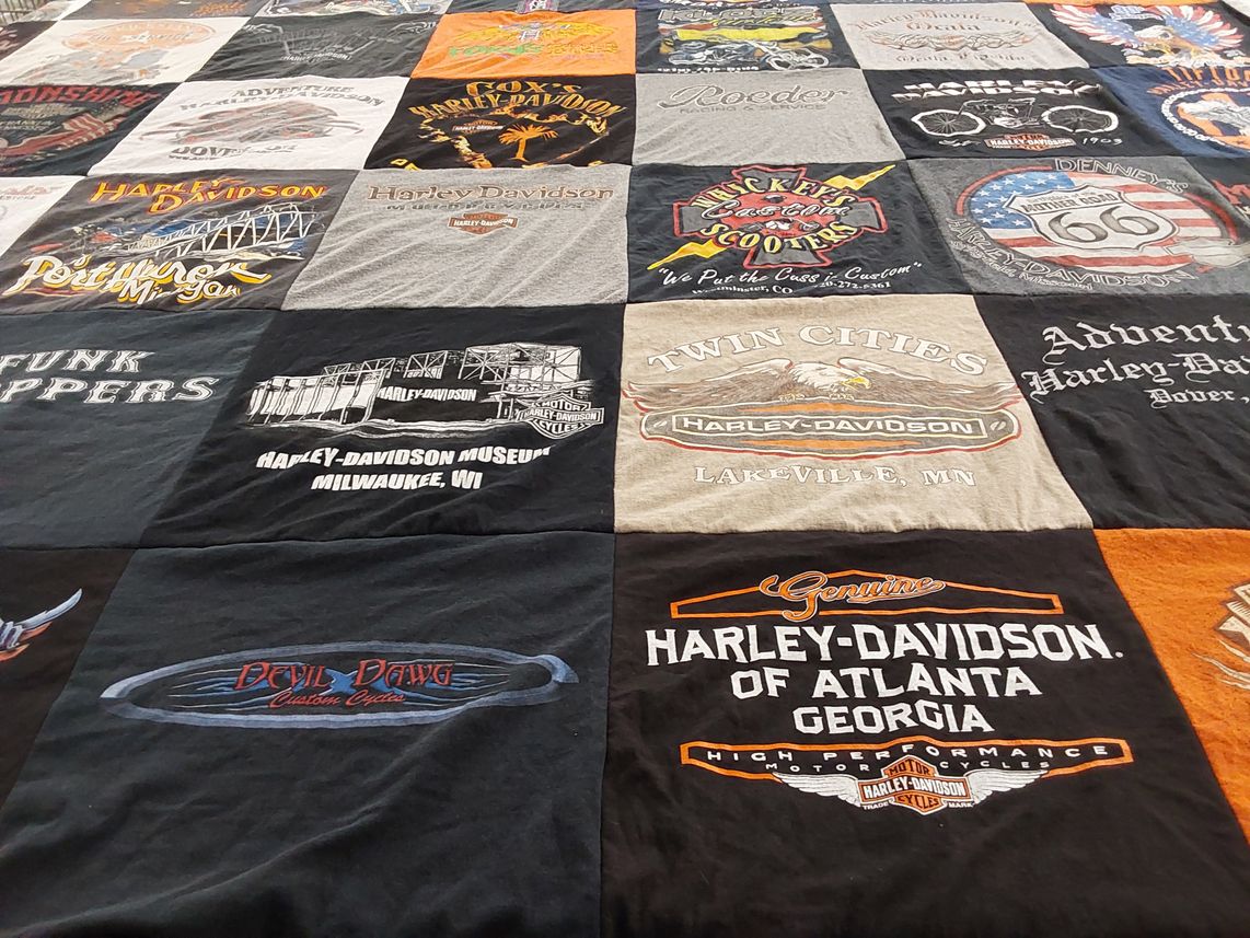 T-shirt quilt with motorcycles, biking themes by Leticia from OH