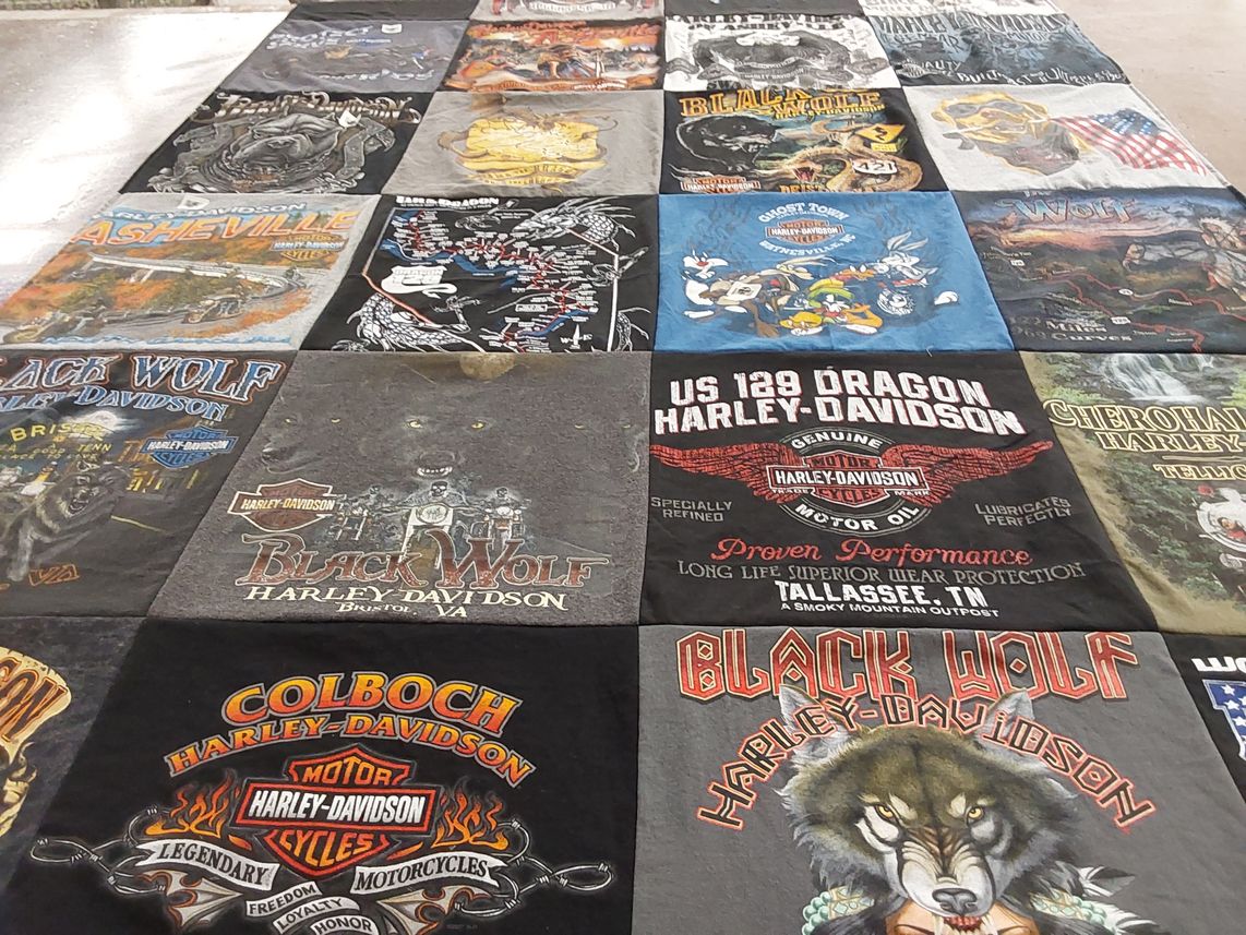 T-shirt quilt with motorcycles, biking themes by Tamara from NC
