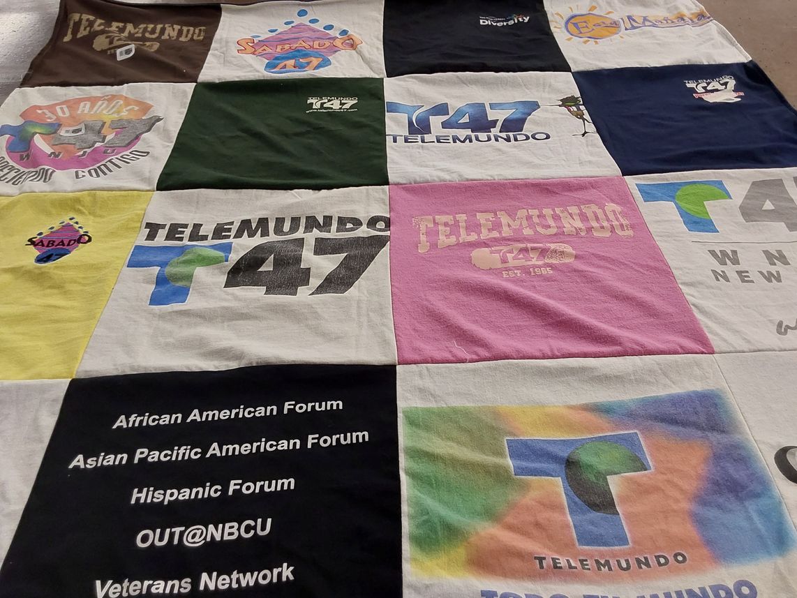 T-shirt quilt with media, multicultural themes by Linda from NJ