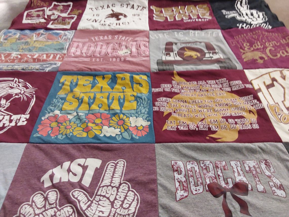 T-shirt quilt featuring texas state university bobcats by Jennifer from TX