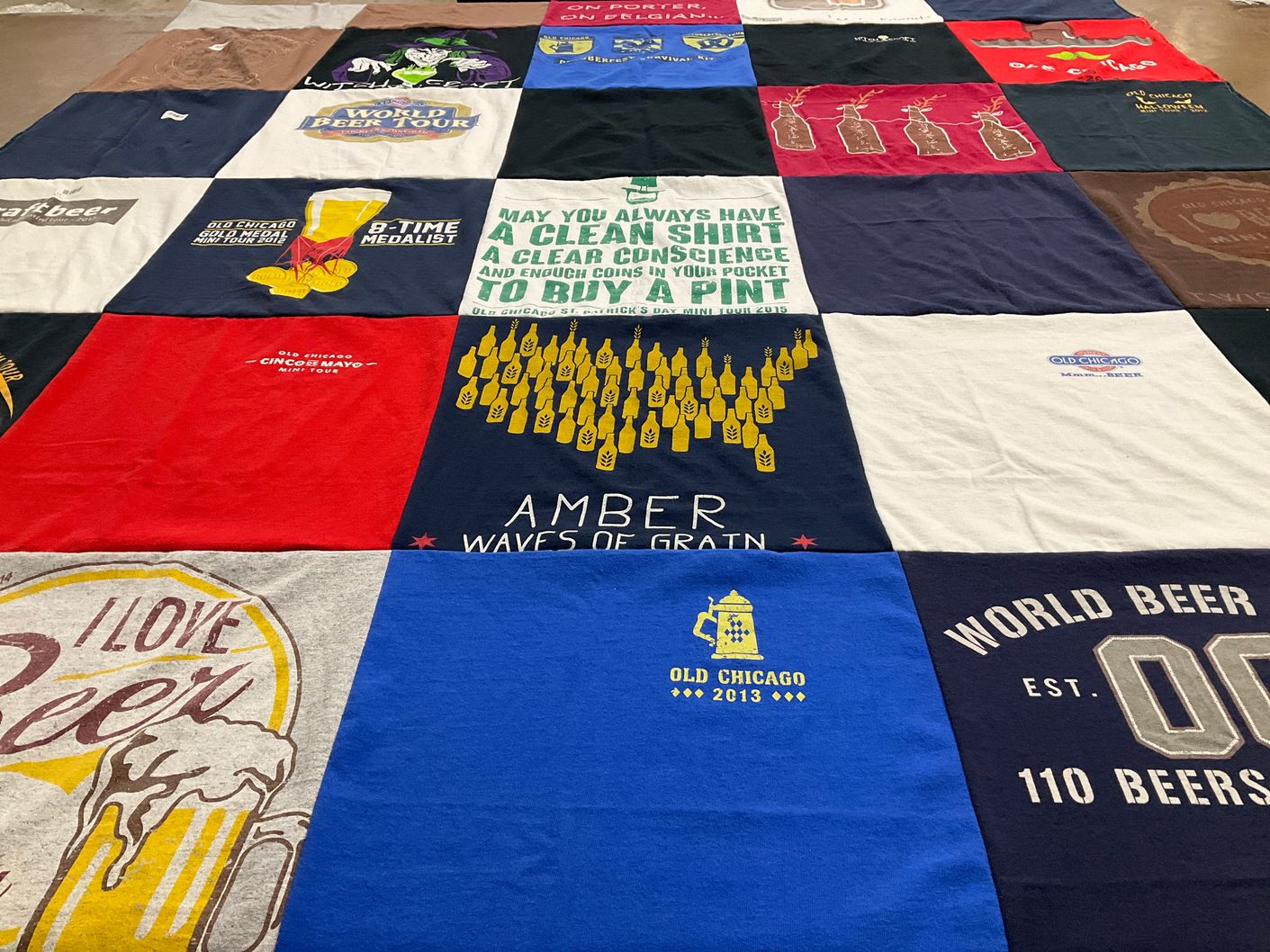 T-shirt quilt with brewing, beer tasting themes by Bonnie from MN