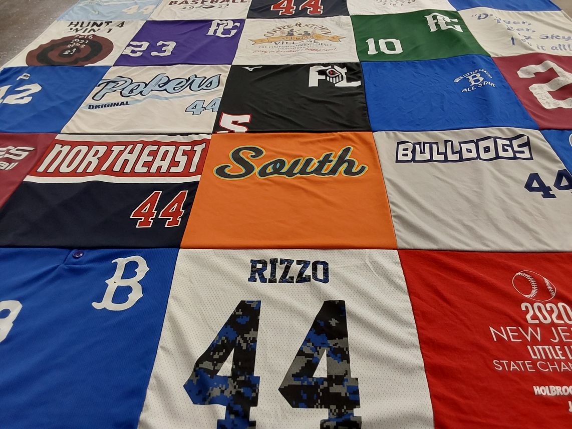 T-shirt quilt with baseball, youth sports themes by Sharon from FL