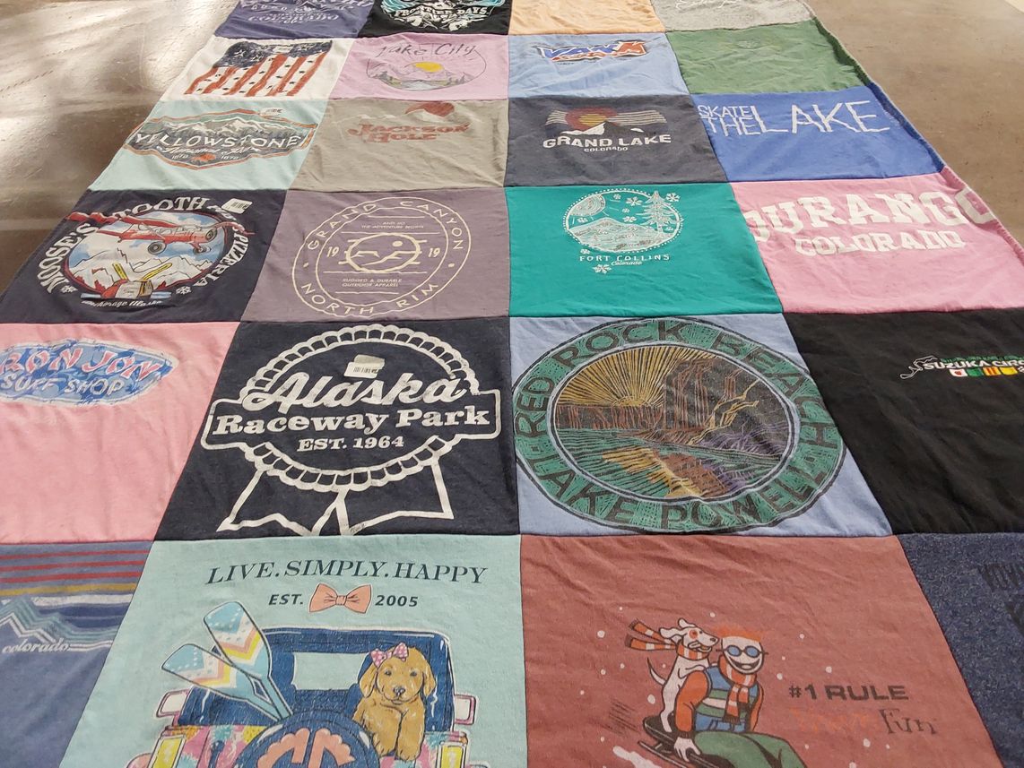 T-shirt quilt with outdoor recreation, travel themes by Lynn from CA