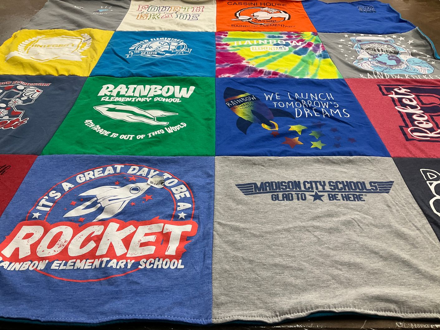 T-shirt quilt featuring rainbow elementary school by Sula from AZ