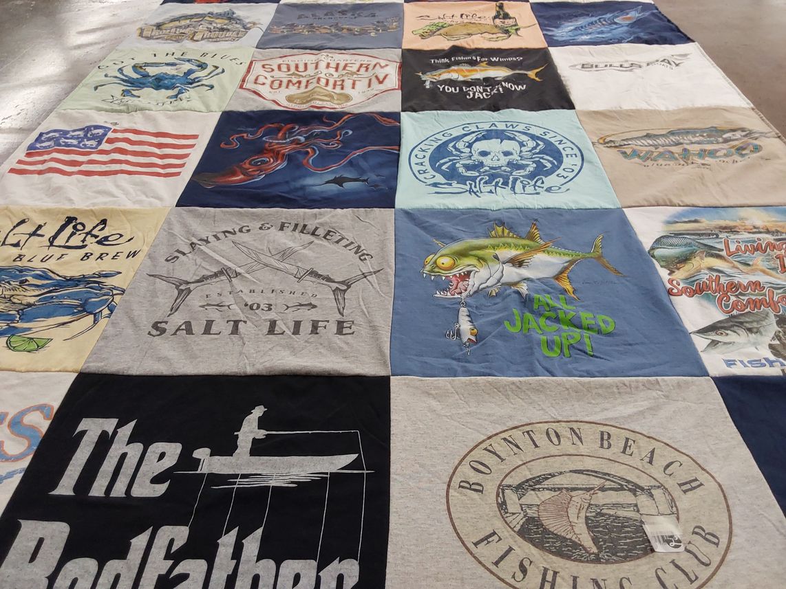 T-shirt quilt with fishing, outdoors themes by Kara from FL