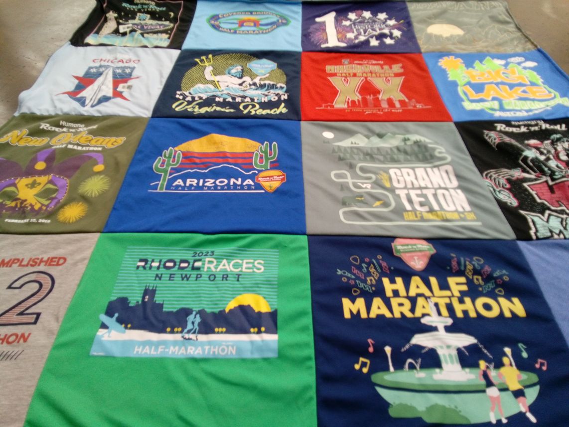 T-shirt quilt with running, marathons themes by Jenny from NH