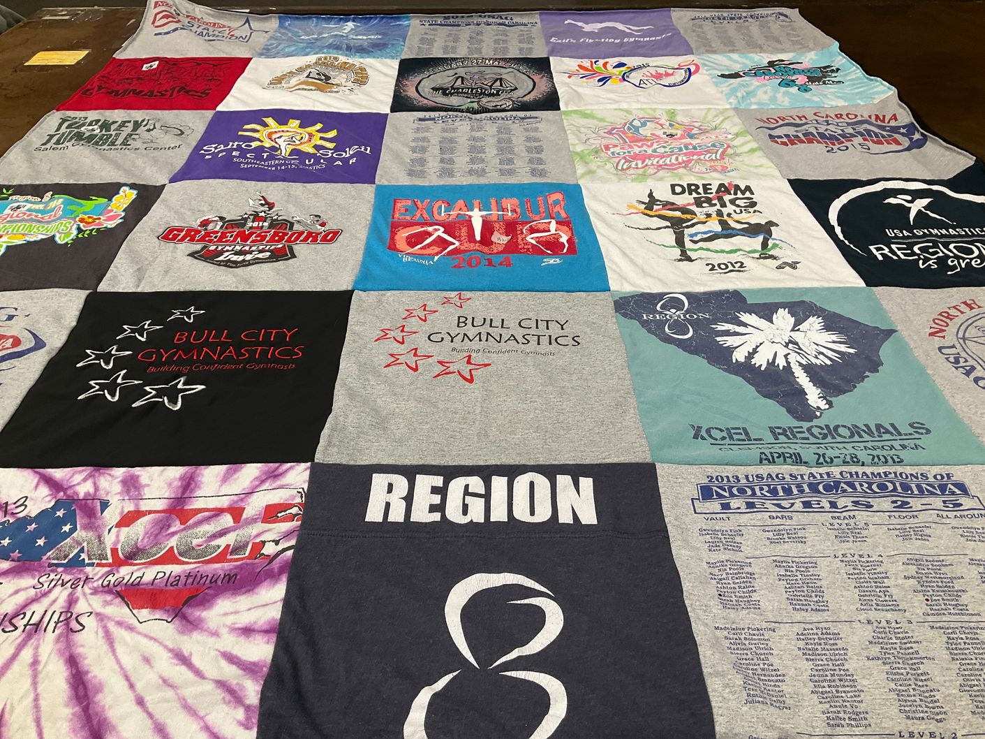 T-shirt quilt with gymnastics themes by Norma from NC