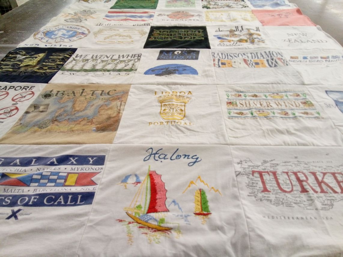 T-shirt quilt with travel, cruise themes by Tonette from FL